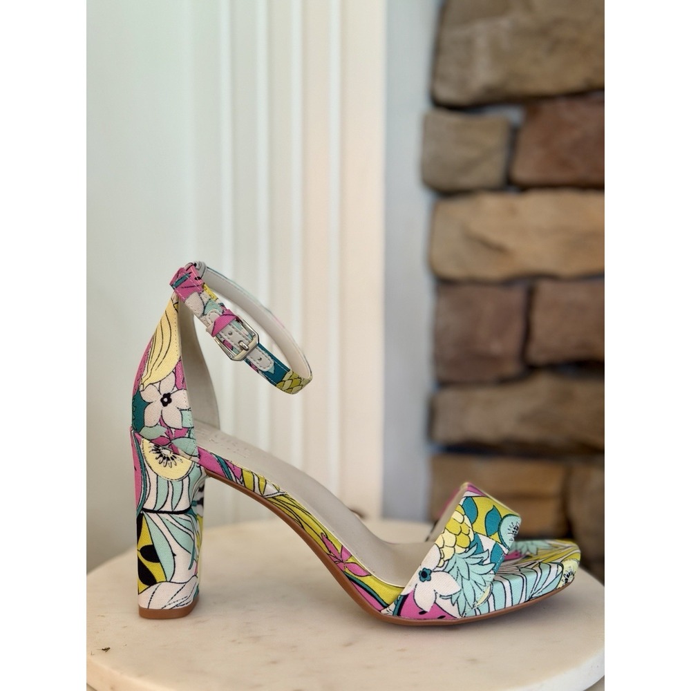 Naturalizer Floral Print Pink Green Blue Ankle Strap Block Heel Sandals